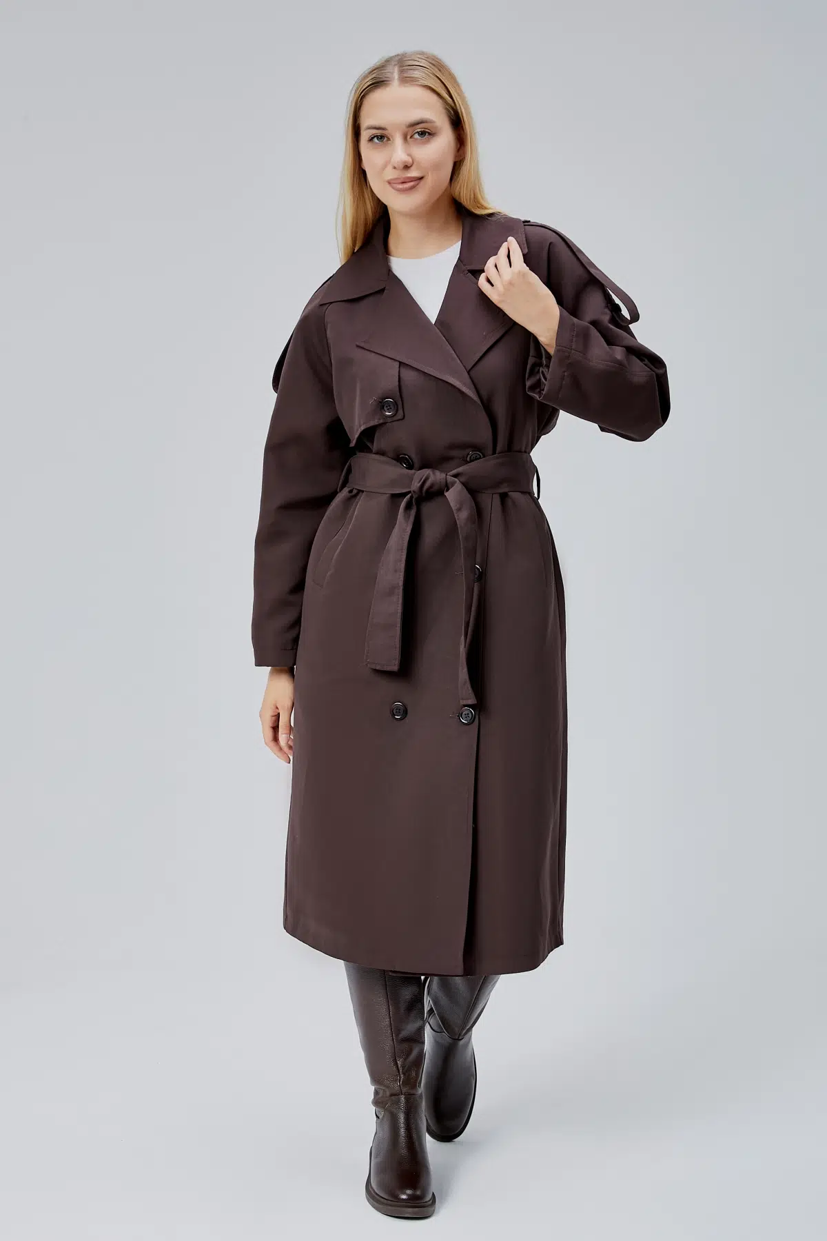 Acı Kahve Oversize Astarlı Uzun Trençkot XS-S-M-L-XL-XXL