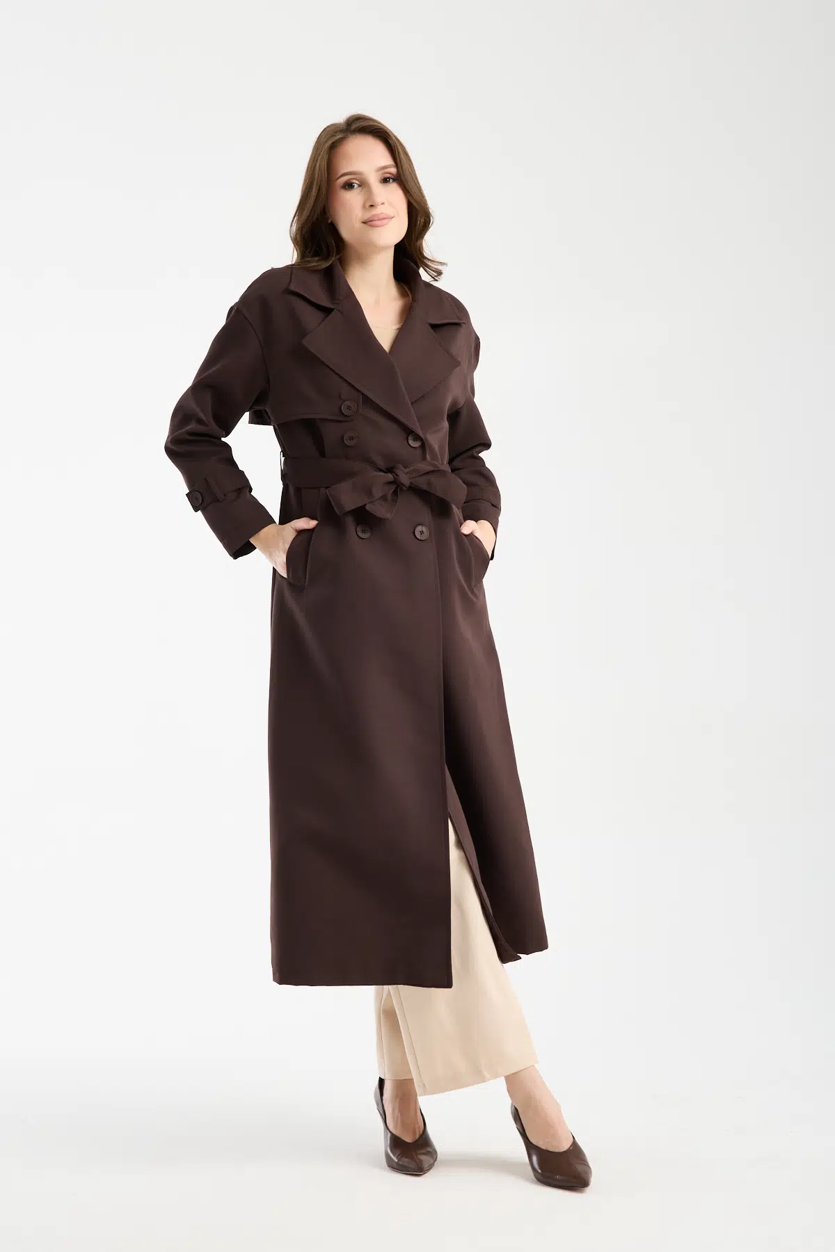 Acı Kahve Oversize Rüzgarlık Detaylı Trençkot XS-S-M-L-XL-XXL