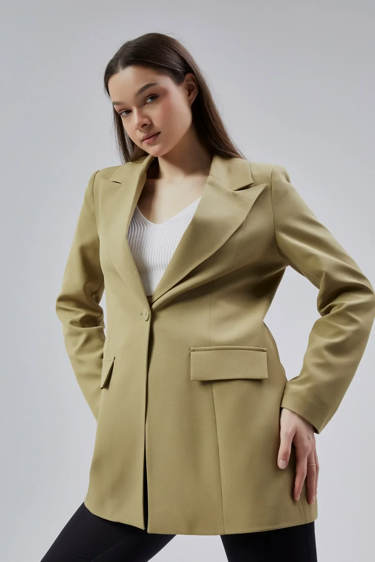 Açık Haki Kruvaze Uzun Blazer Ceket S-M-L-XL