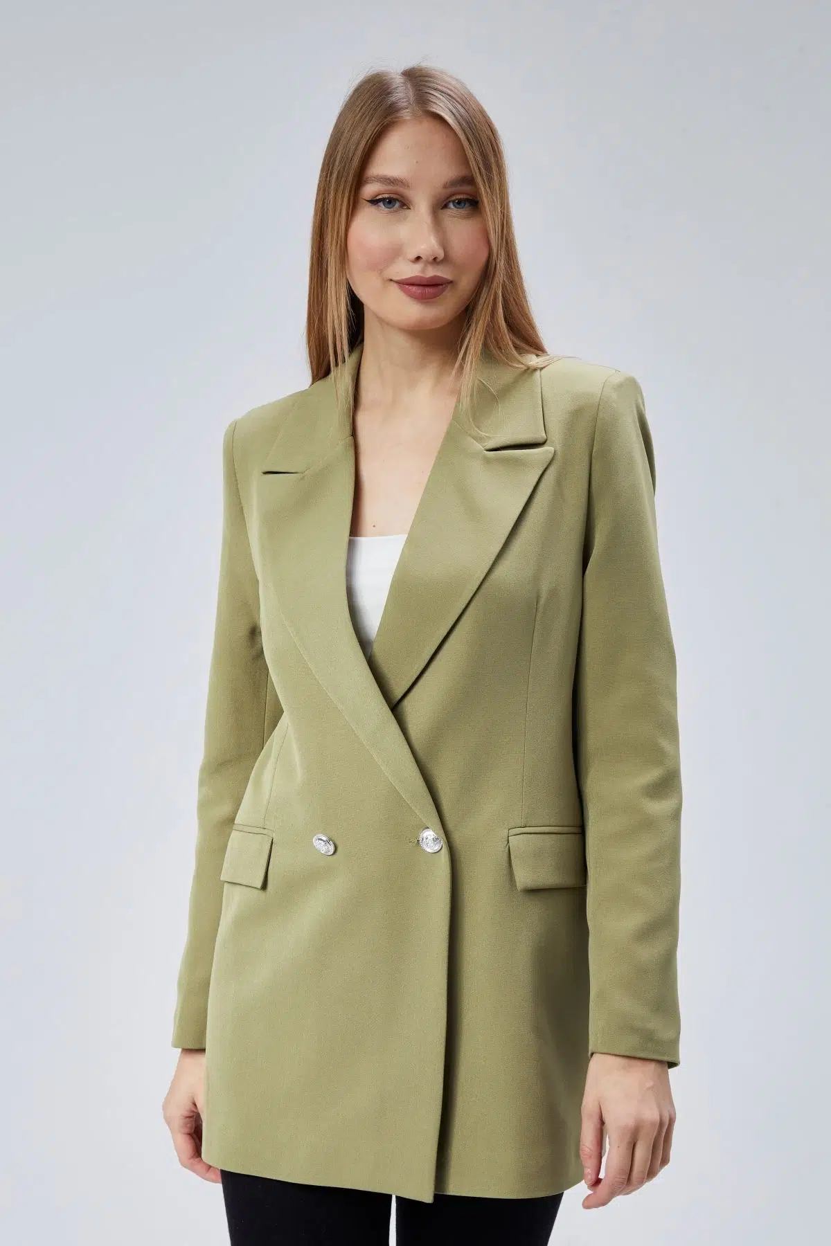 Açık Haki Oversize Dokuma Blazer Ceket XS-S-M-L-XL-XXL