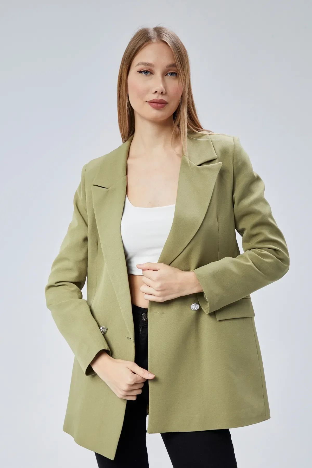 Açık Haki Oversize Dokuma Blazer Ceket S-M-L-XL
