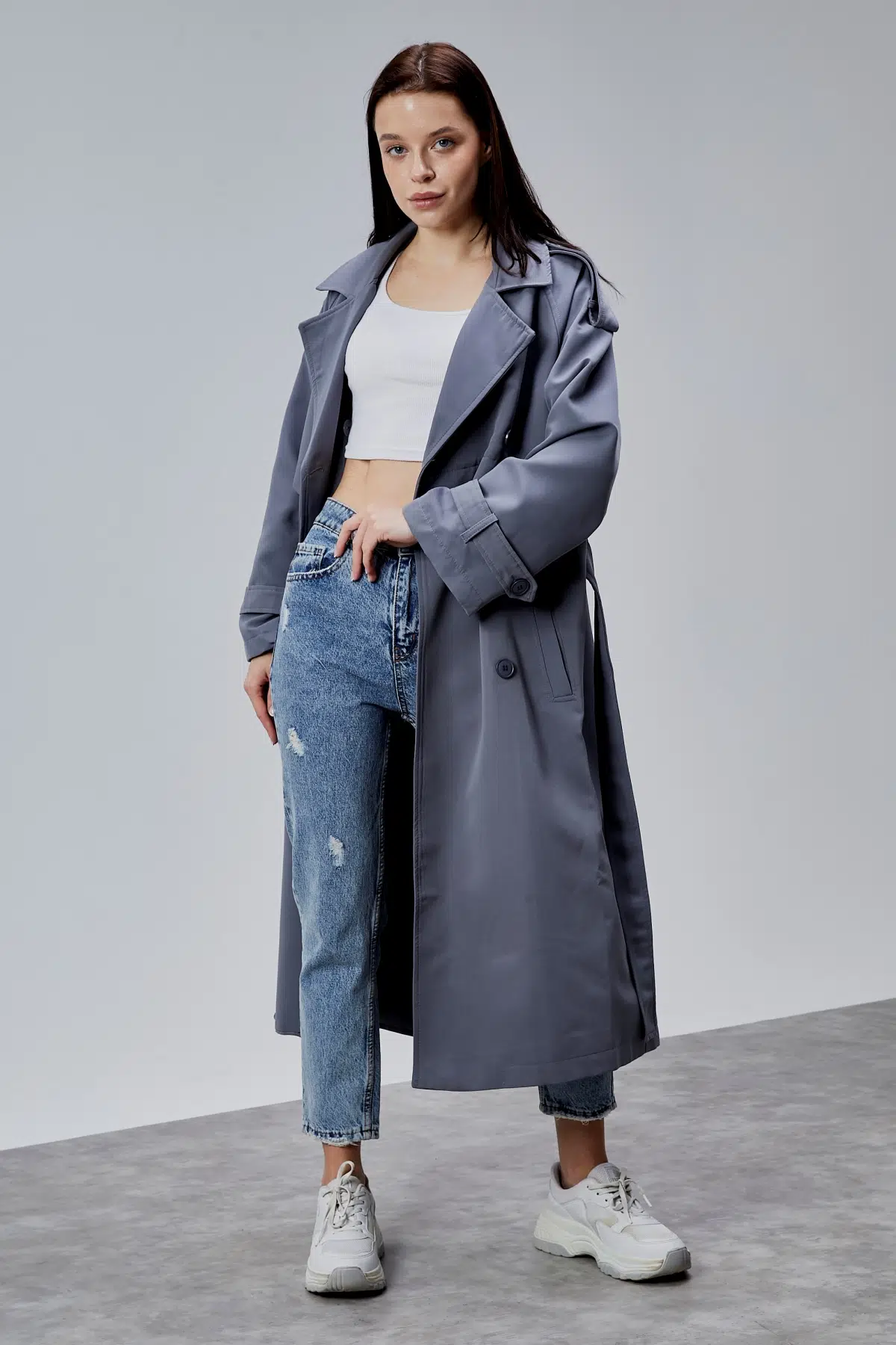 Antrasit Oversize Kruvaze Kapama Rüzgarlık Detaylı Trençkot XS-S-M-L-XL-XXL