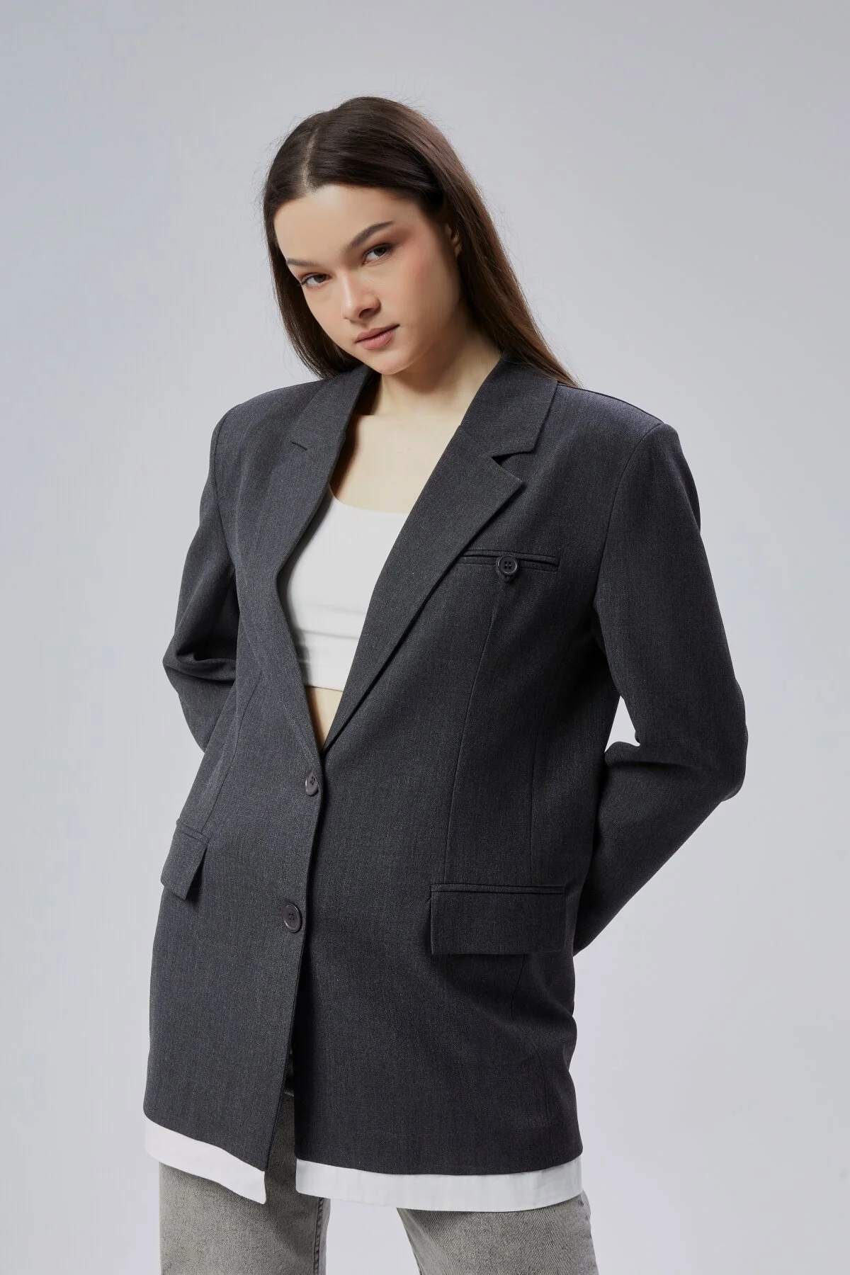 Antrasit Oversize Uzun Blazer Ceket S-M-L-XL