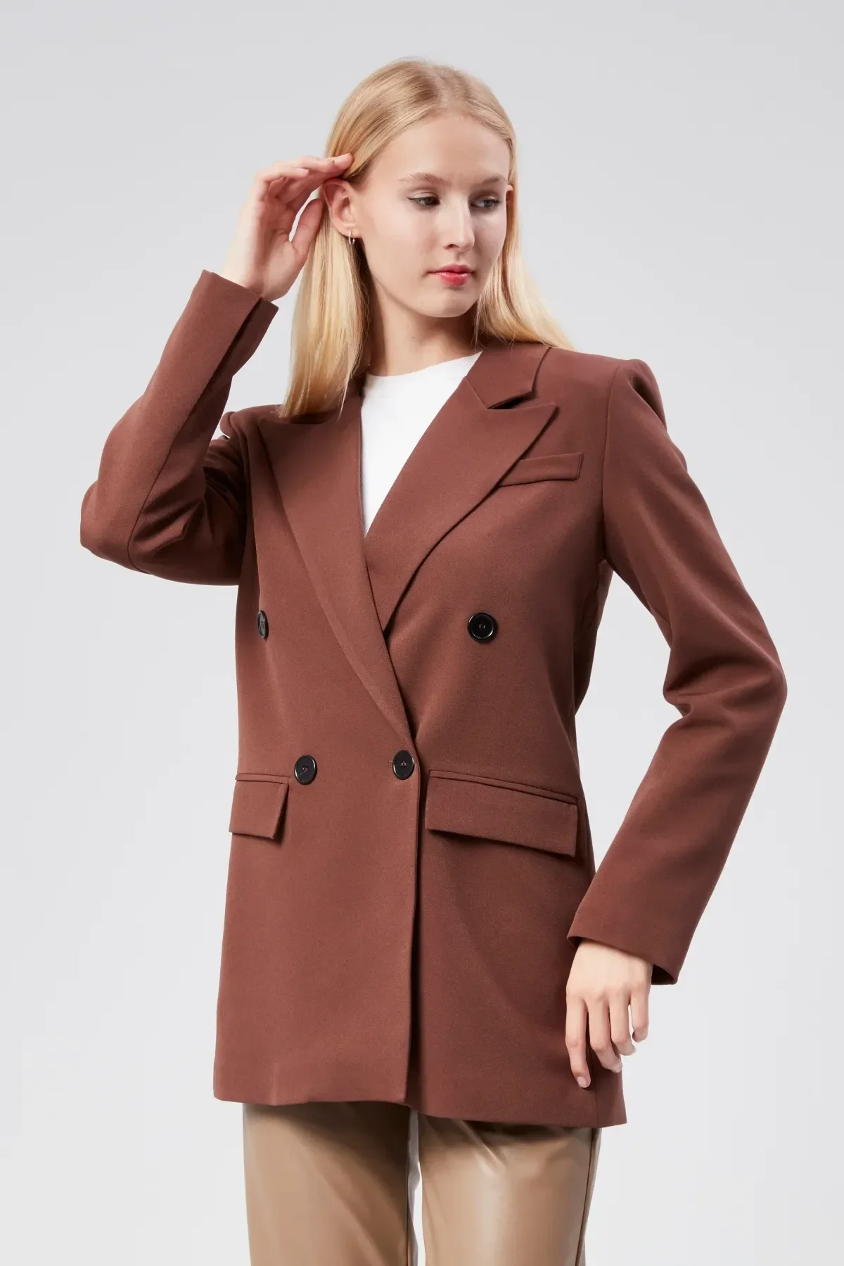 Astarlı Kruvaze Kapama Dokuma Oversize Blazer Ceket S-M-L-XL