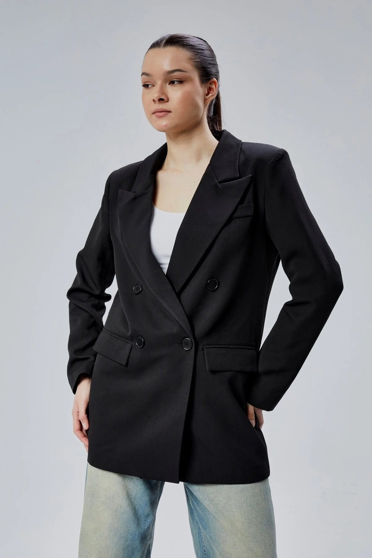 Astarlı Kruvaze Kapama Dokuma Oversize Blazer Ceket S-M-L-XL