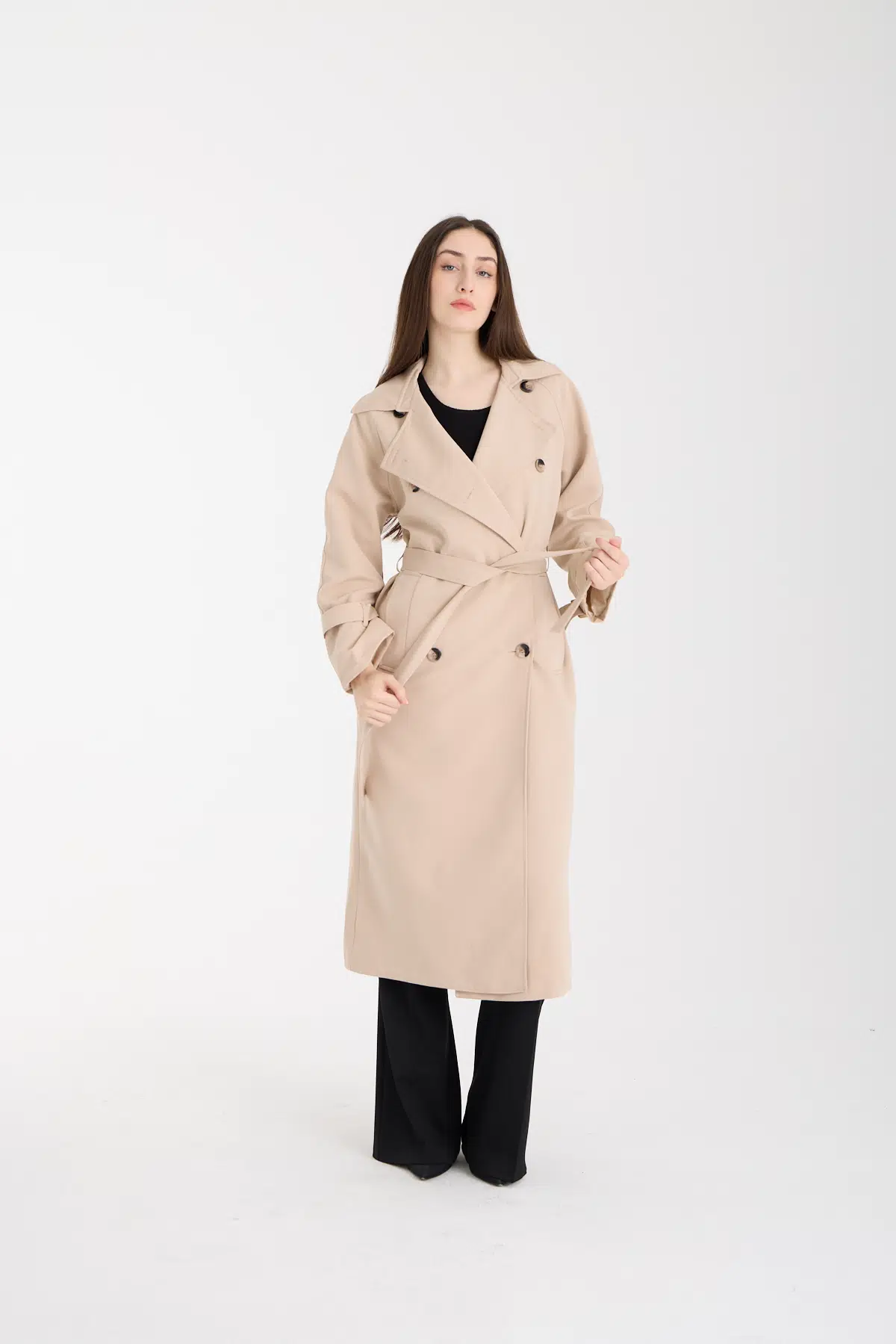 Bej Düğme Detaylı Oversize Kuşaklı Trençkot XS-S-M-L-XL-XXL