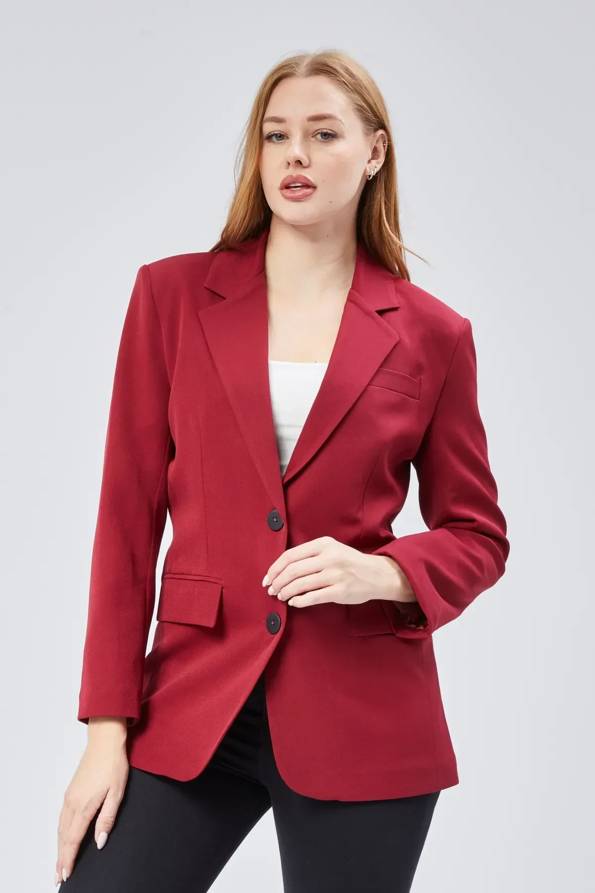 Bordo Kadın Düğmeli Oversize Blazer Ceket S-M-L