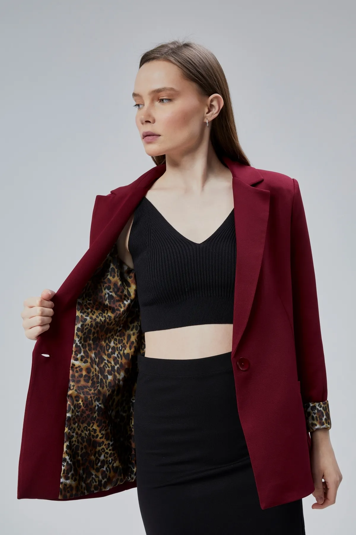 Bordo Kadın Kruvaze Yaka Kolu Katlama Detaylı Regular Vatkalı Blazer Ceket XS-S-M-L-XL-XXL