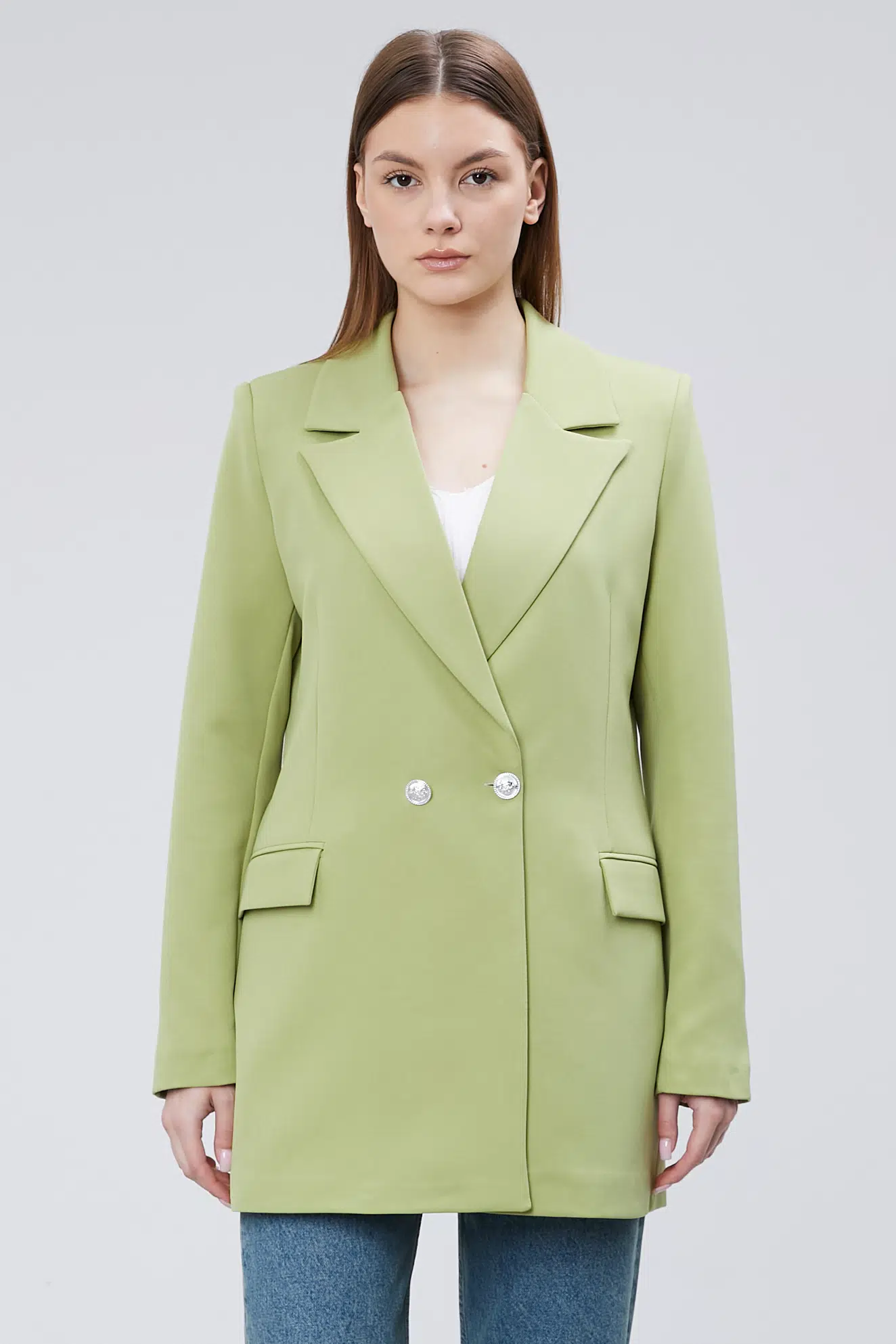 Fıstık Yeşili Oversize Dokuma Blazer Ceket XS-S-M-L-XL-XXL