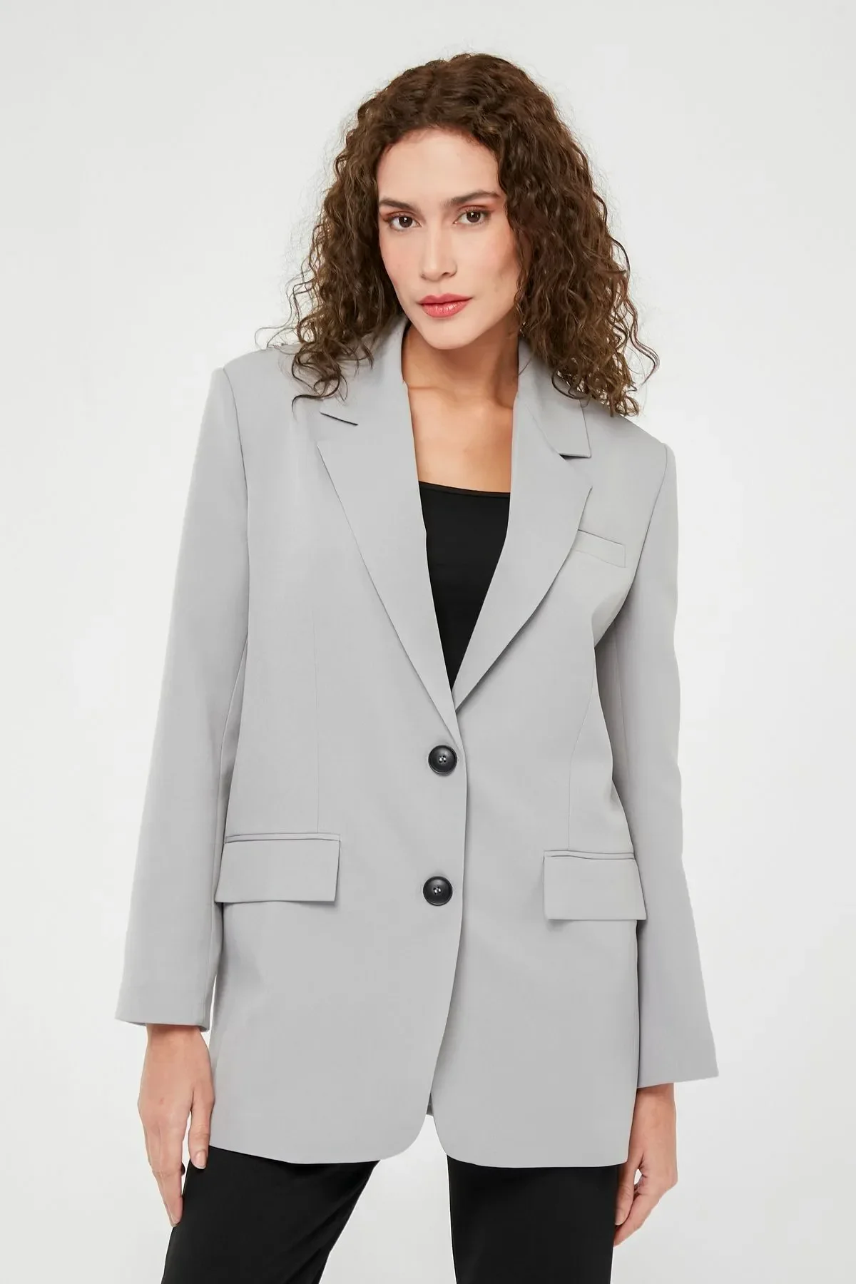Gri Kadın Düğmeli Oversize Blazer Ceket S-M-L-XL