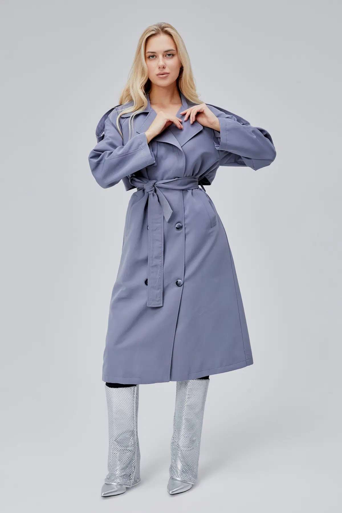 Gri Oversize Astarlı Uzun Trençkot XS-S-M-L-XL-XXL