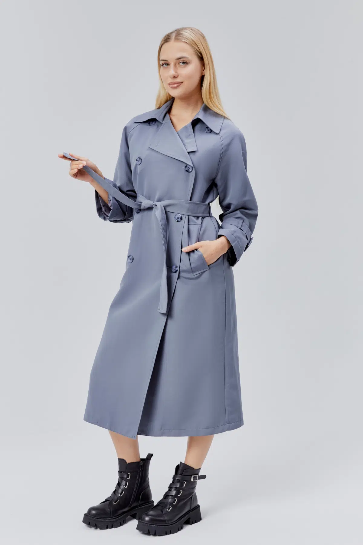 Gri Oversize Kuşaklı Trençkot XS-S-M-L-XL-XXL