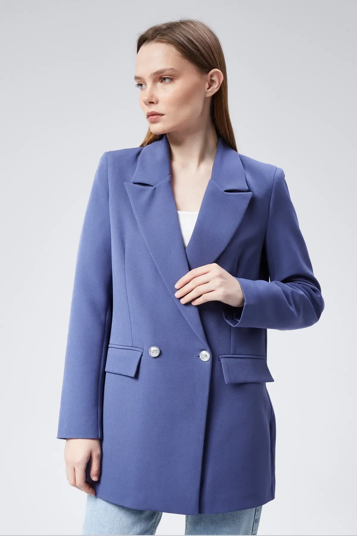 İndigo Oversize Dokuma Blazer Ceket S-M-L-XL