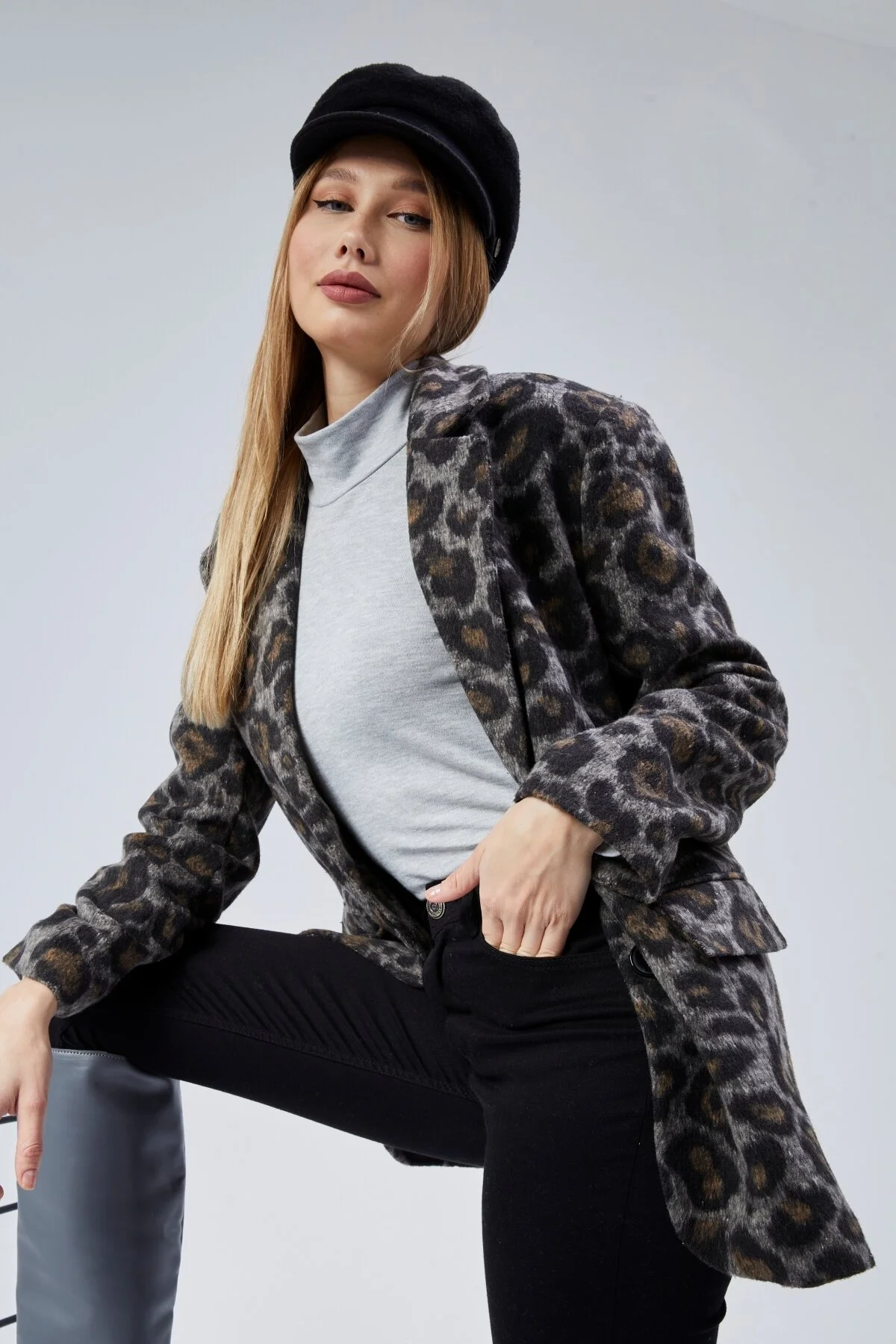 Kadın Leopar Desenli Kaşe Ceket S-M-L-XL