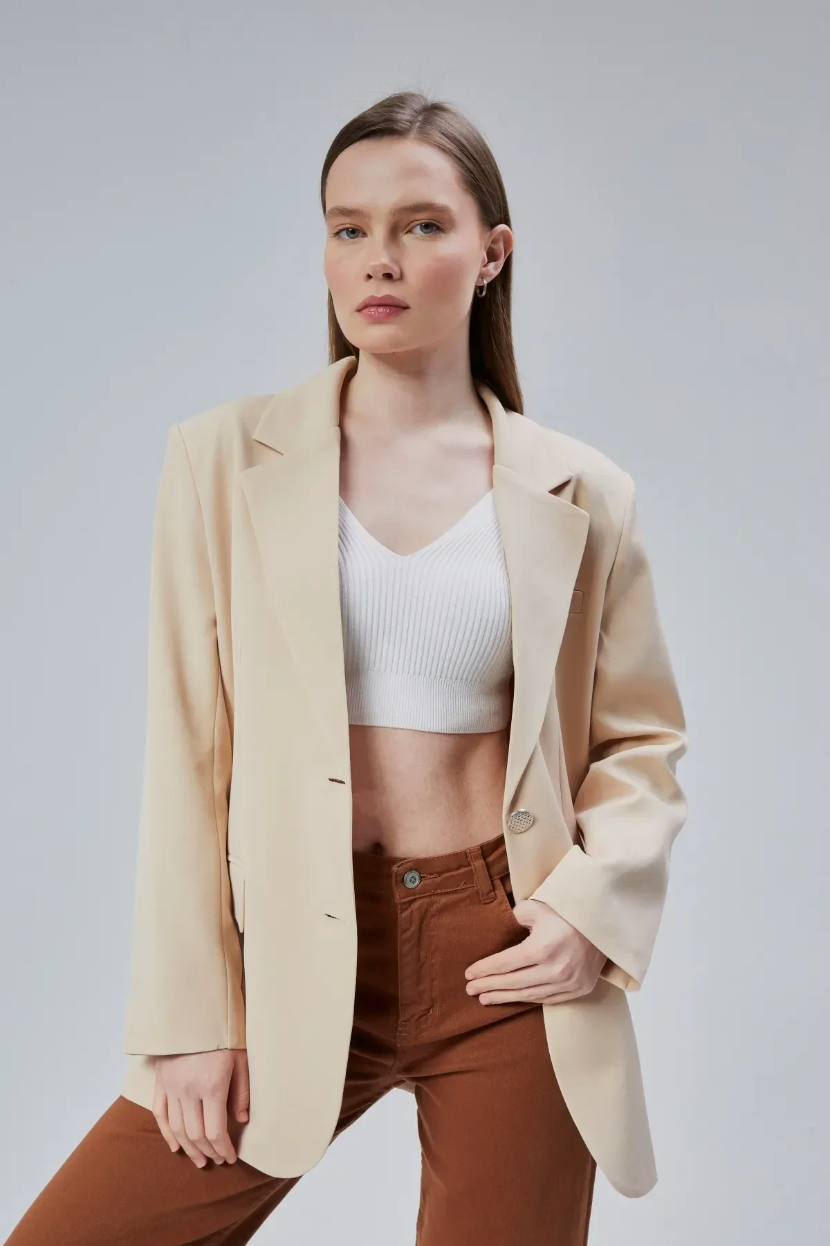 Kadın Oversize Düz Kesim Astarlı Dokuma Blazer Ceket S-M-L-XL