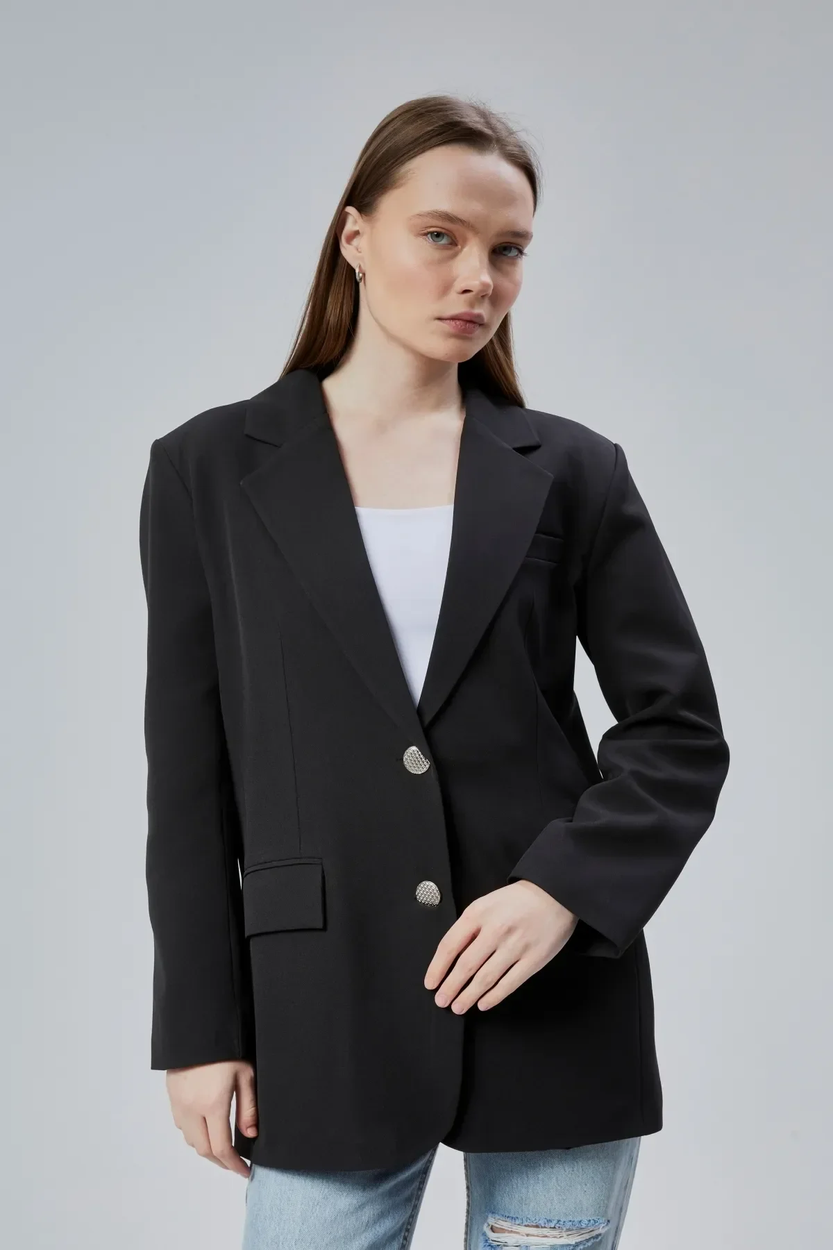 Kadın Oversize Düz Kesim Astarlı Dokuma Blazer Ceket S-M-L-XL