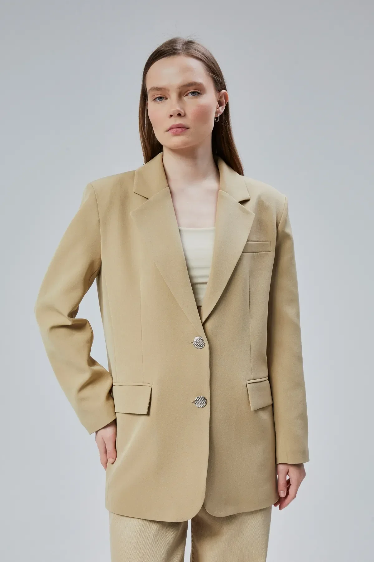 Kadın Oversize Düz Kesim Astarlı Dokuma Blazer Ceket S-M-L-XL