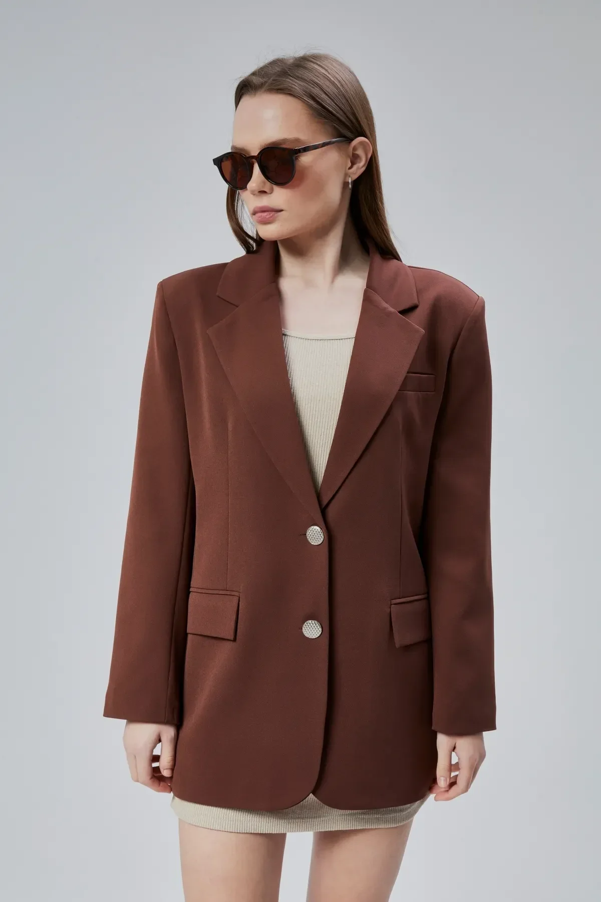 Kadın Oversize Düz Kesim Astarlı Dokuma Blazer Ceket S-M-L-XL