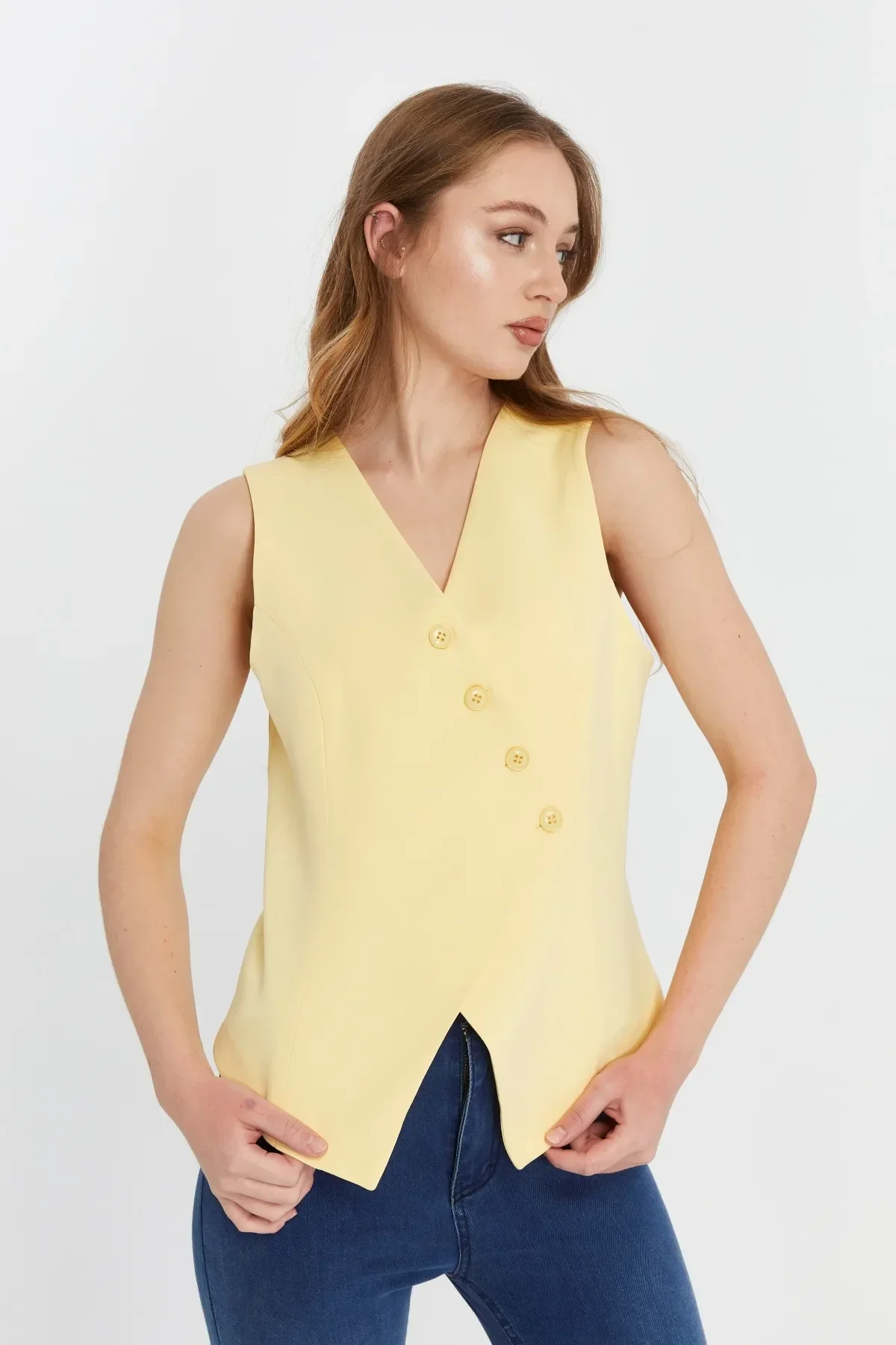 Kadın Regular V yaka Düğmeli Yelek S-M-L-XL