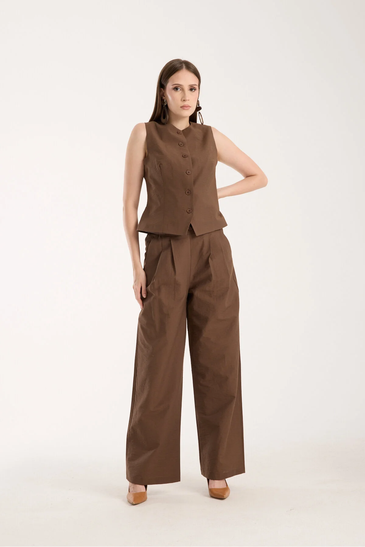 Kahverengi Kadın Dokuma Yelek-Pantolon Takım S-M-L-XL