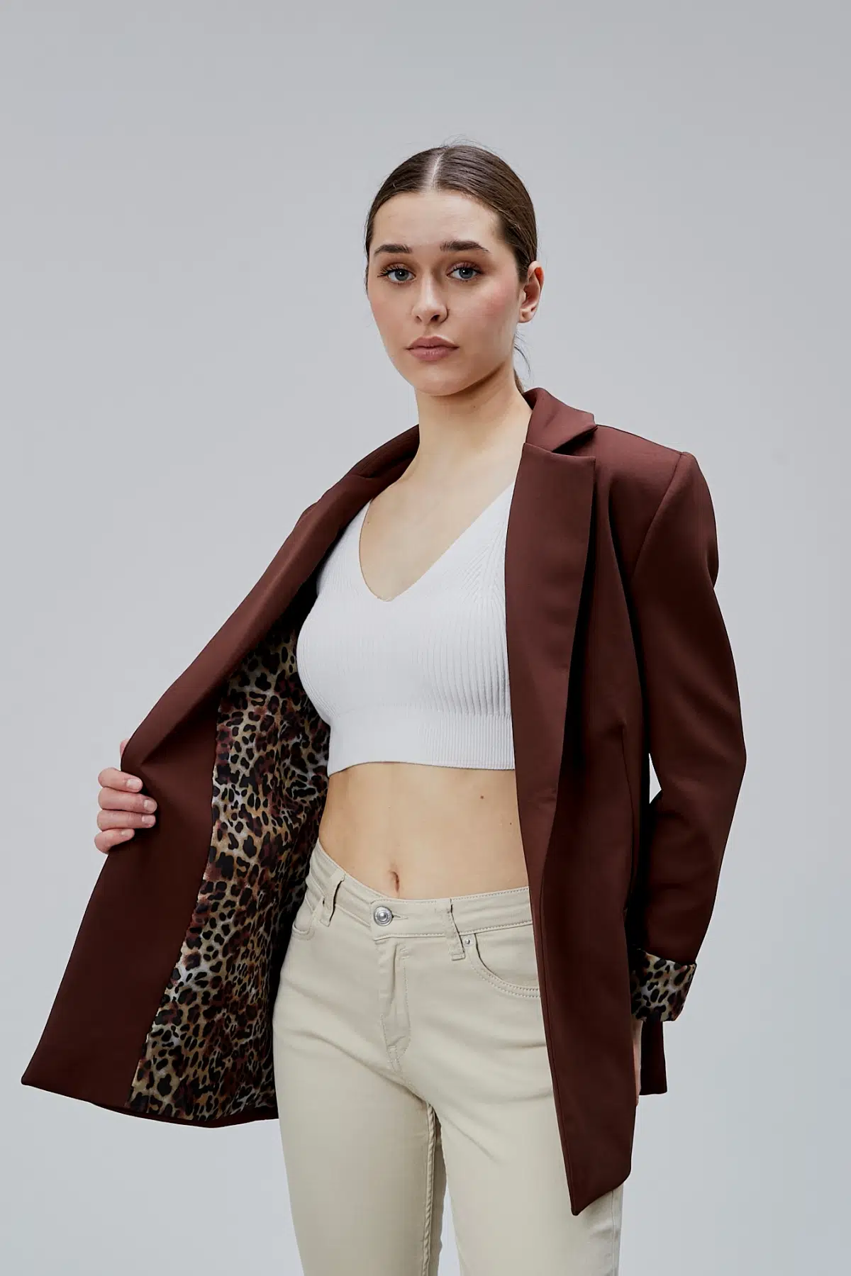 Kahverengi Kruvaze Yaka Kolu Katlama Detaylı Regular Vatkalı Blazer Ceket XS-S-M-L-XL-XXL