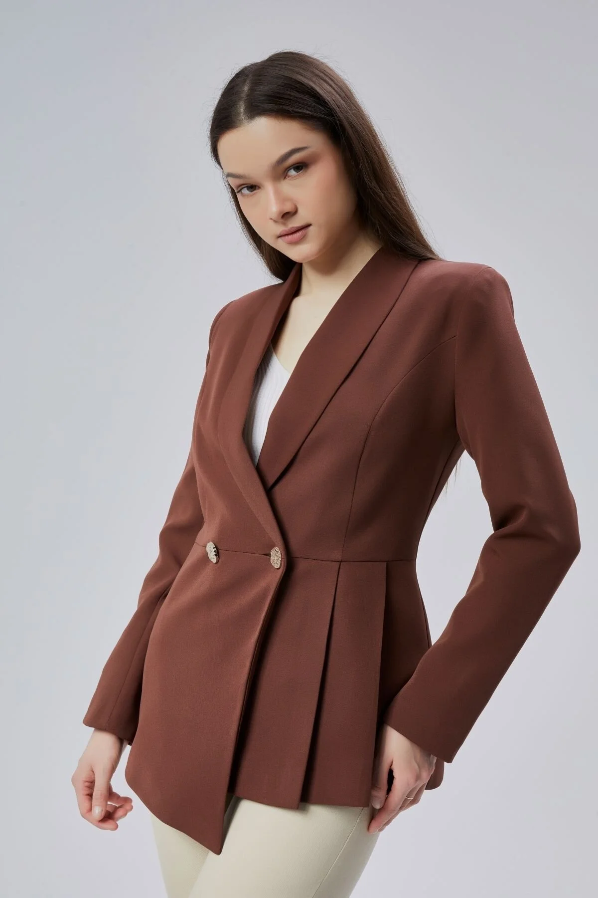 Kahverengi Regular Fit Pile Detaylı Blazer Ceket S-M-L-XL