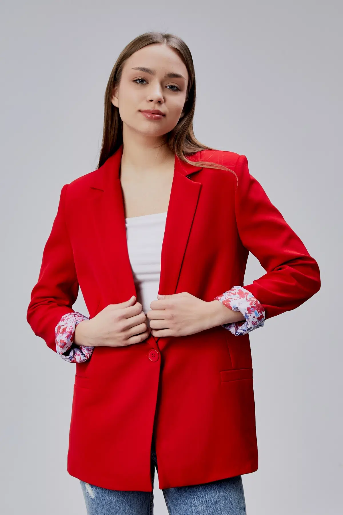Kırmızı Kruvaze Yaka Kolu Katlama Detaylı Regular Vatkalı Blazer Ceket XS-S-M-L-XL-XXL
