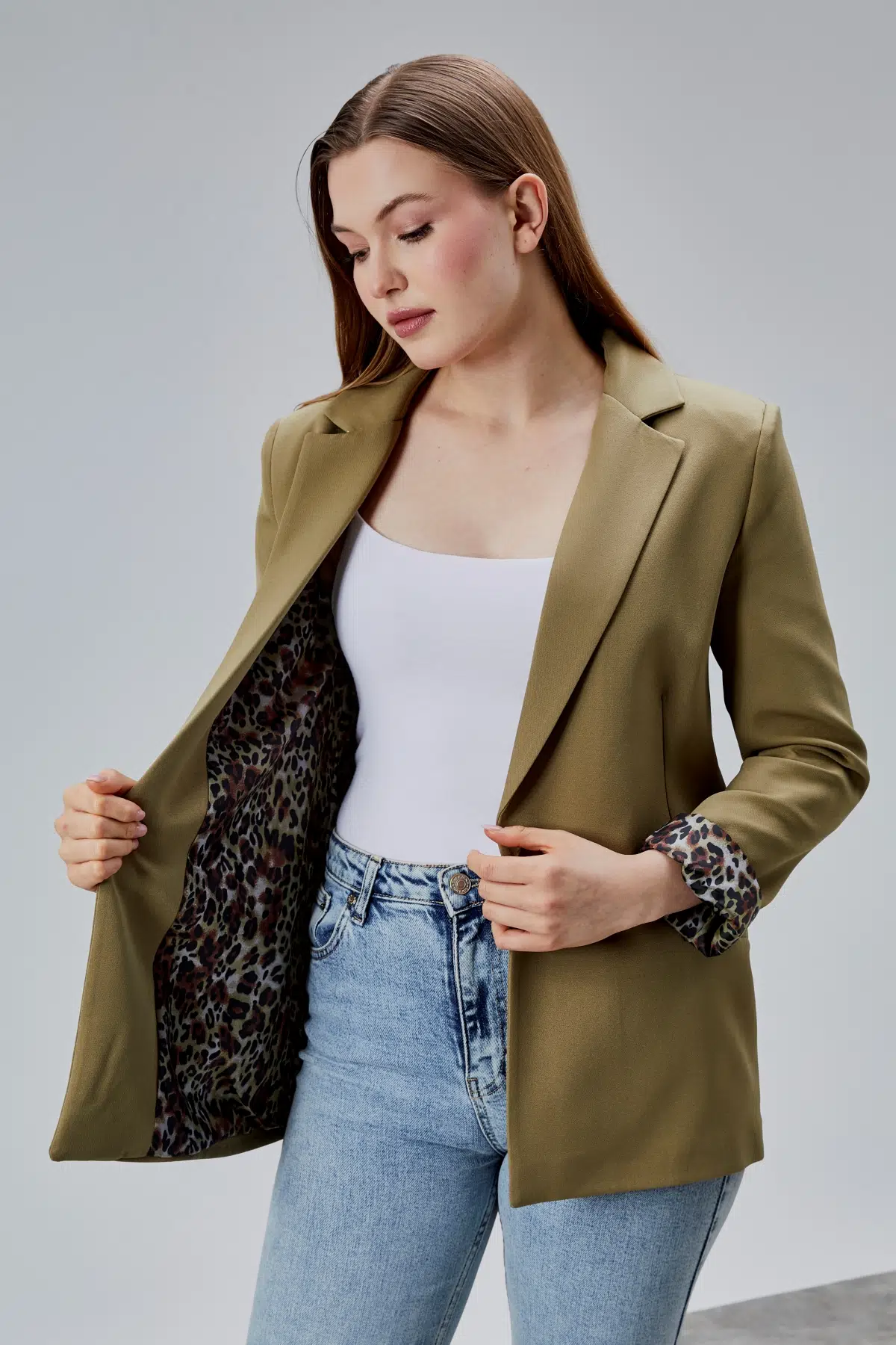 Koyu Haki Leopar Kolu Katlama Detaylı Regular Vatkalı Blazer Ceket XS-S-M-L-XL-XXL