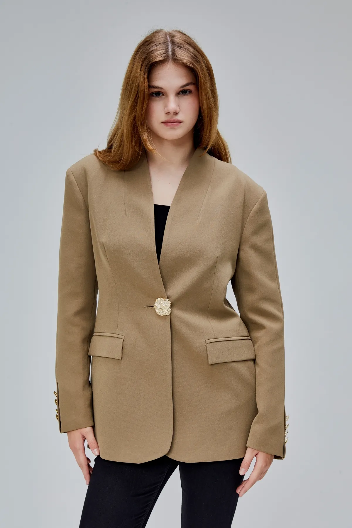 Koyu Haki Salaş Kesim Düğme Detaylı Dokuma Blazer Ceket XS-S-M-L-XL-XXL