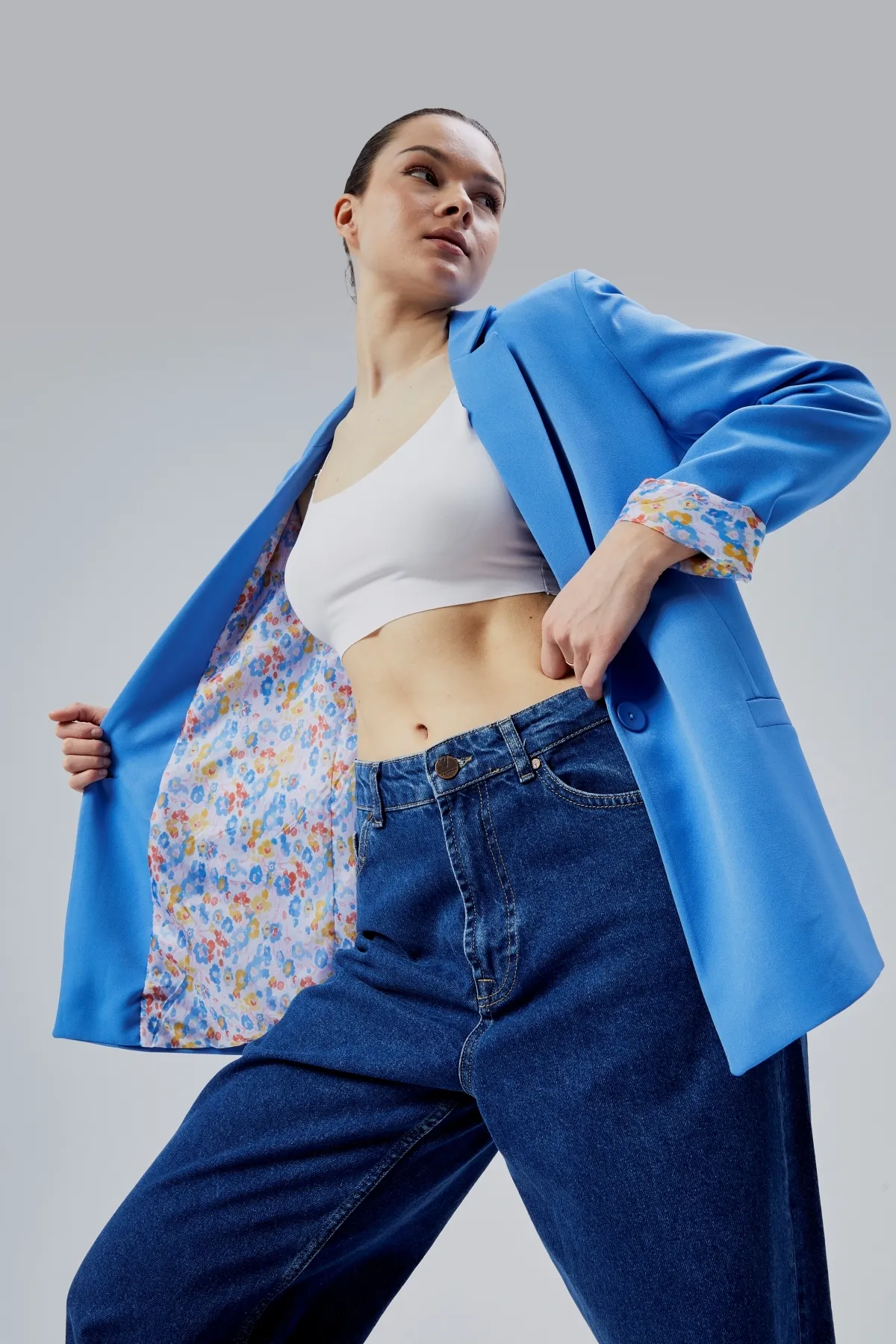 Koyu Mavi Kruvaze Yaka Kolu Katlama Detaylı Regular Vatkalı Blazer Ceket XS-S-M-L-XL-XXL