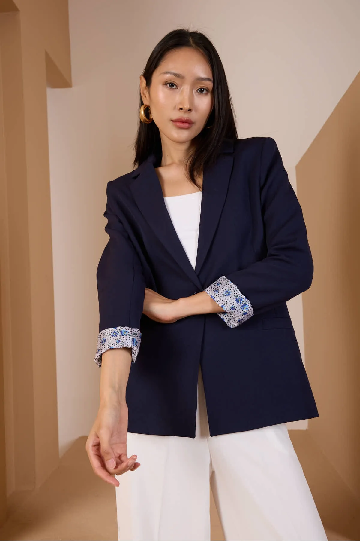 Lacivert Kruvaze Yaka Kolu Katlama Detaylı Regular Vatkalı Blazer Ceket XS-S-M-L-XL-XXL