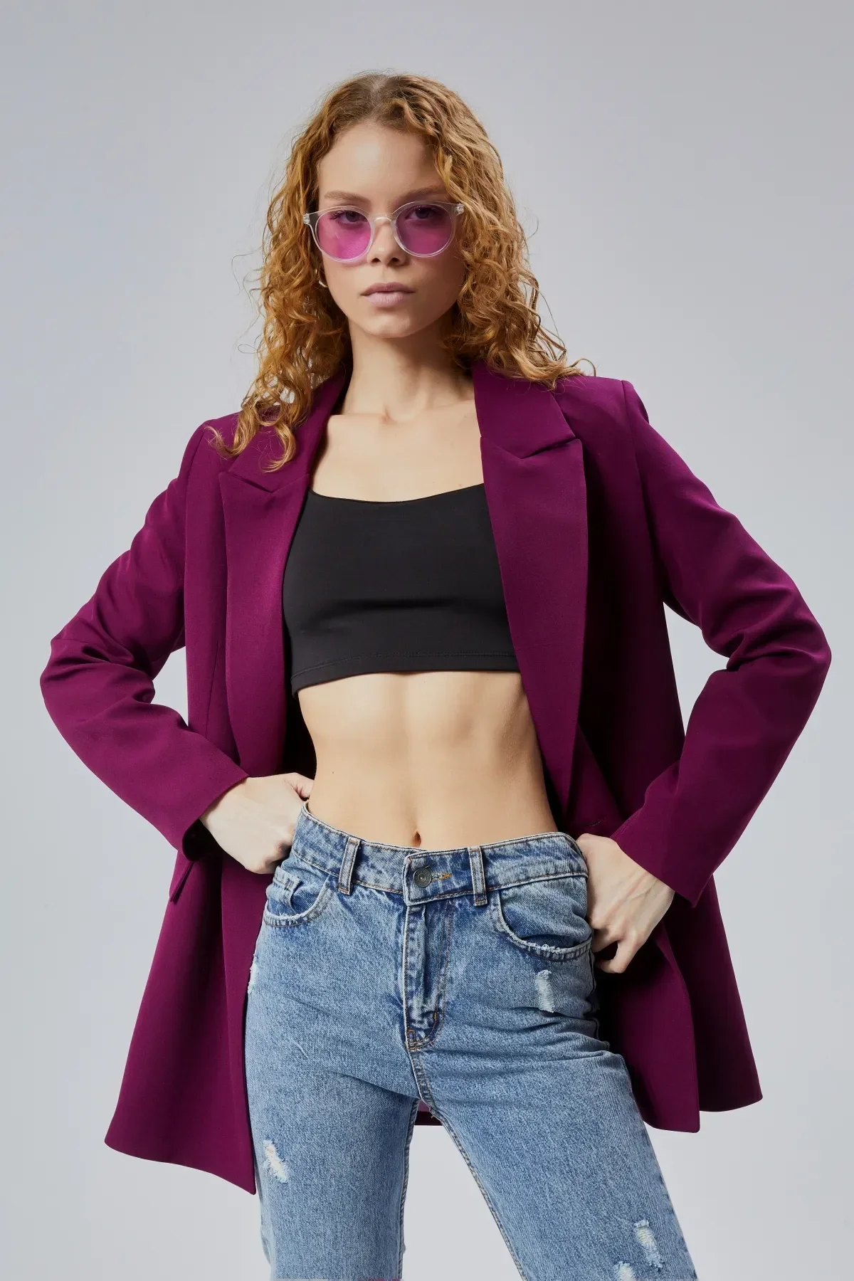 Mor Oversize Dokuma Blazer Ceket S-M-L-XL
