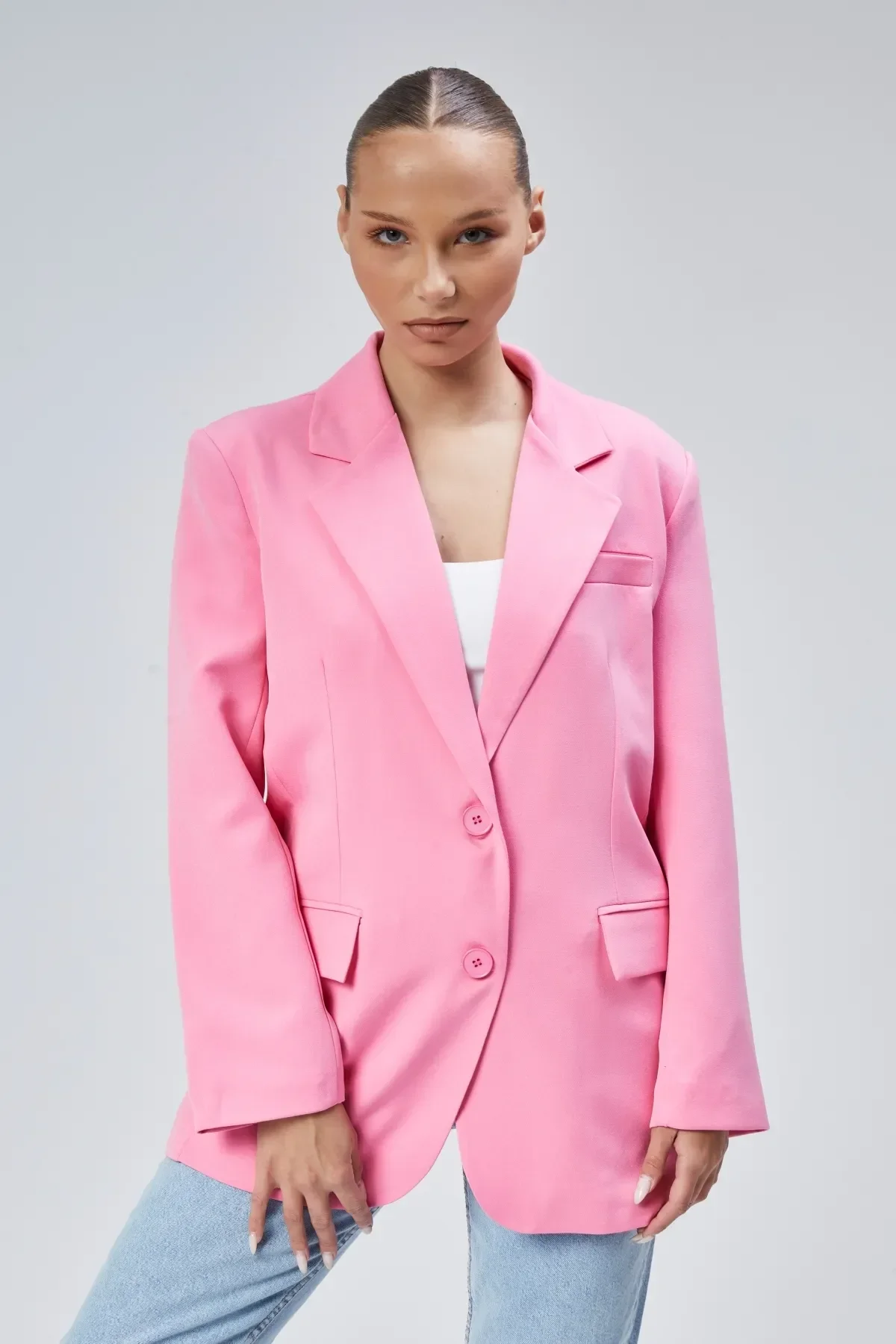 Pembe Kadın Düğmeli Oversize Blazer Ceket S-M-L-XL