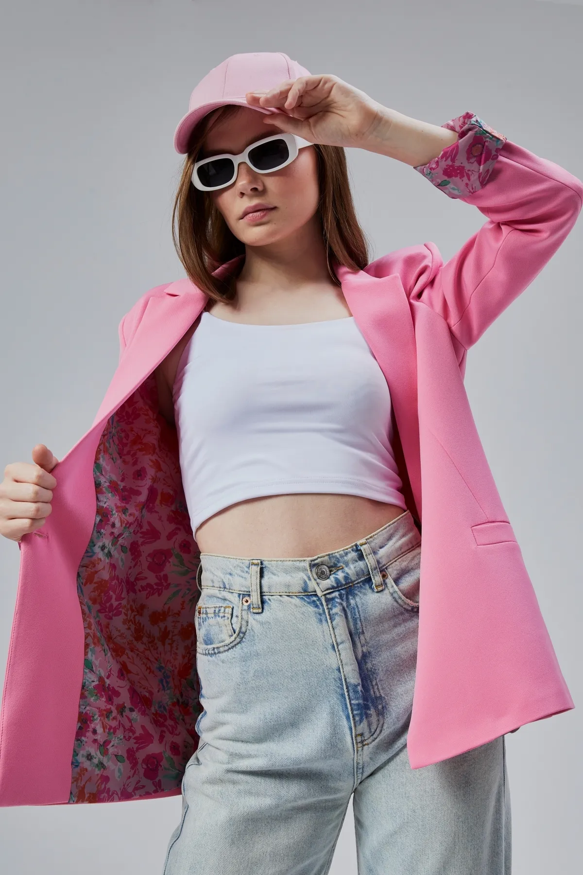 Pembe Kruvaze Yaka Kolu Katlama Detaylı Regular Vatkalı Blazer Ceket S-M-L-XL