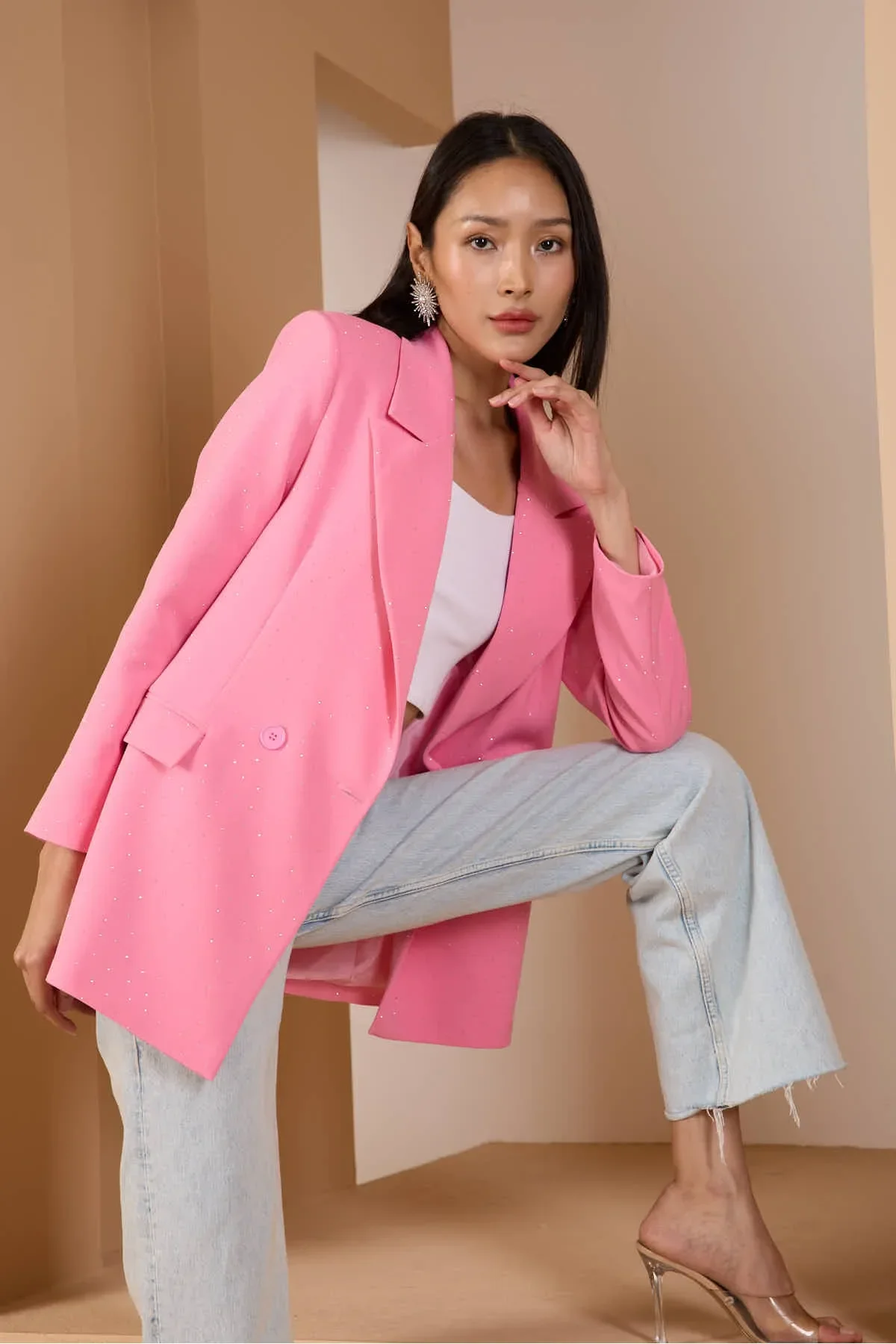 Pembe Regular Dokuma Astarlı Taş Detaylı Blazer Ceket S-M-L-XL