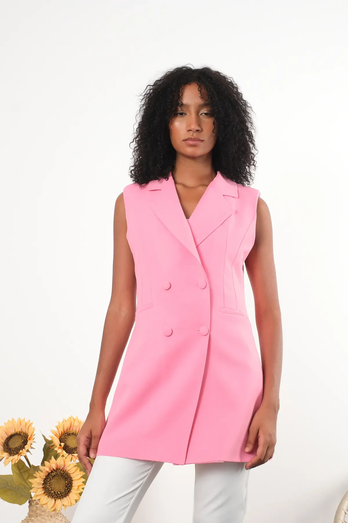 Pembe Uzun Kruvaze Dokuma Yelek S-M-L-XL