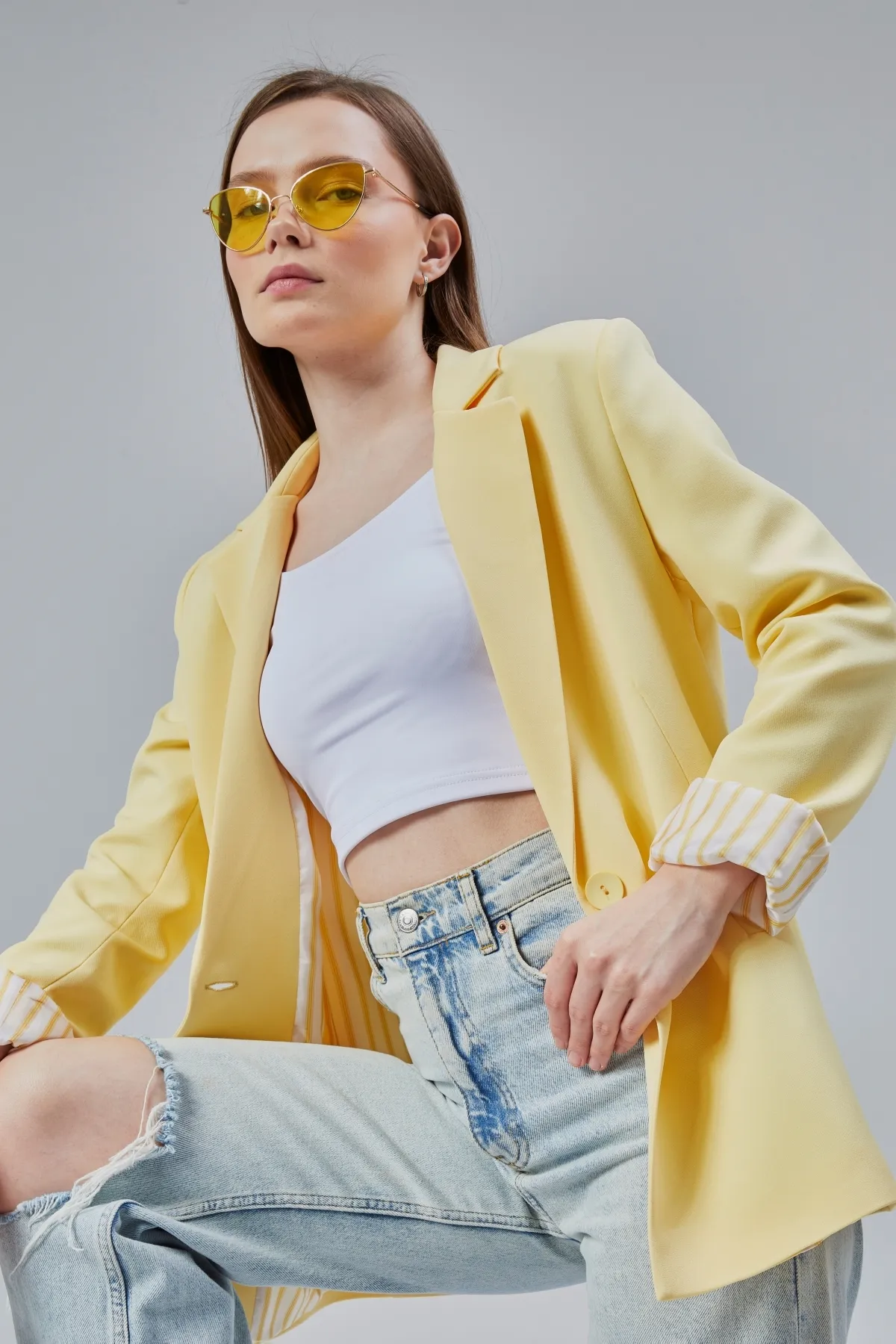 Sarı Kadın Kruvaze Yaka Kolu Katlama Detaylı Regular Vatkalı Blazer Ceket XS-S-M-L-XL-XXL