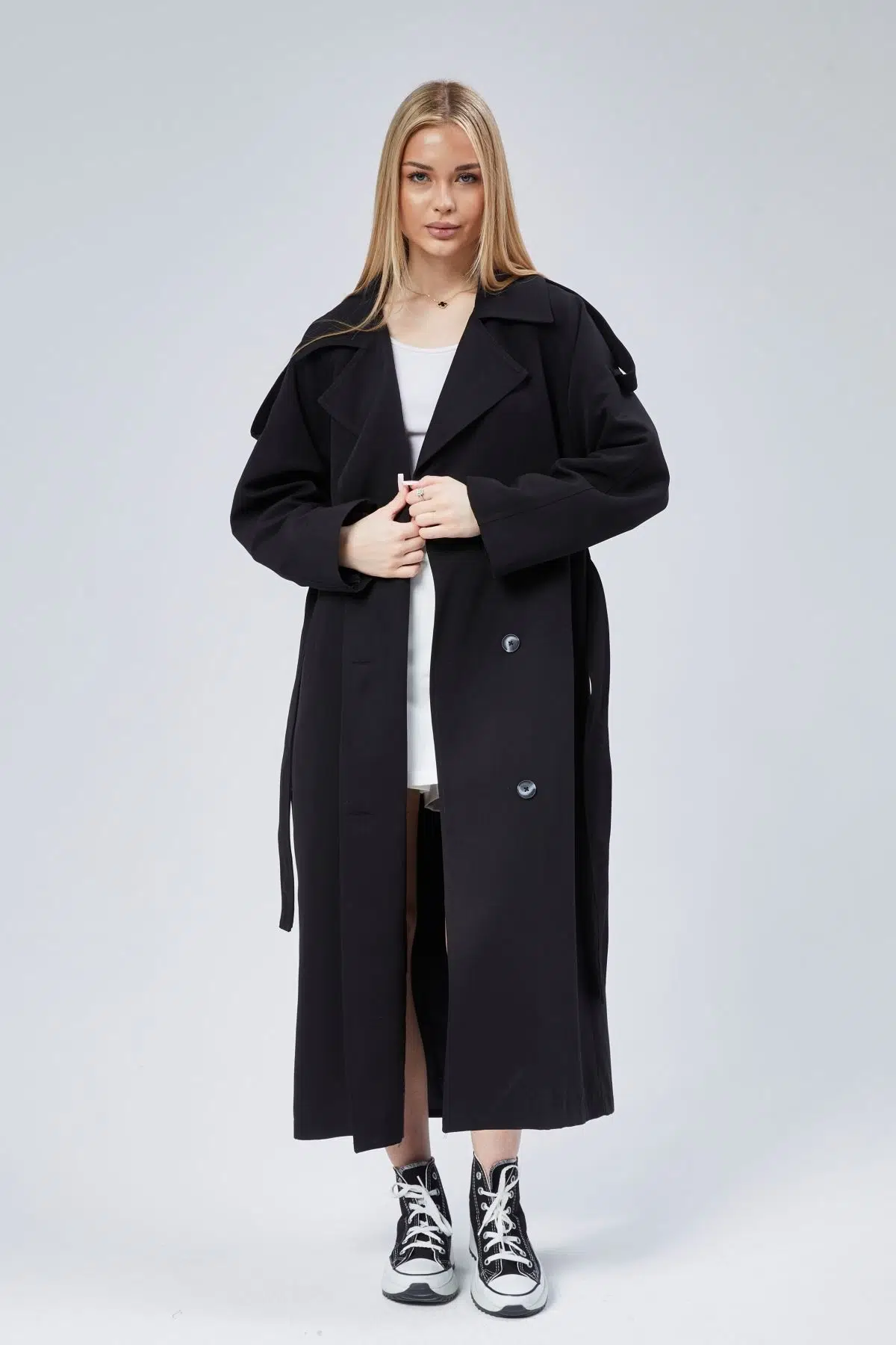Siyah Oversize Astarlı Uzun Trençkot XS-S-M-L-XL-XXL