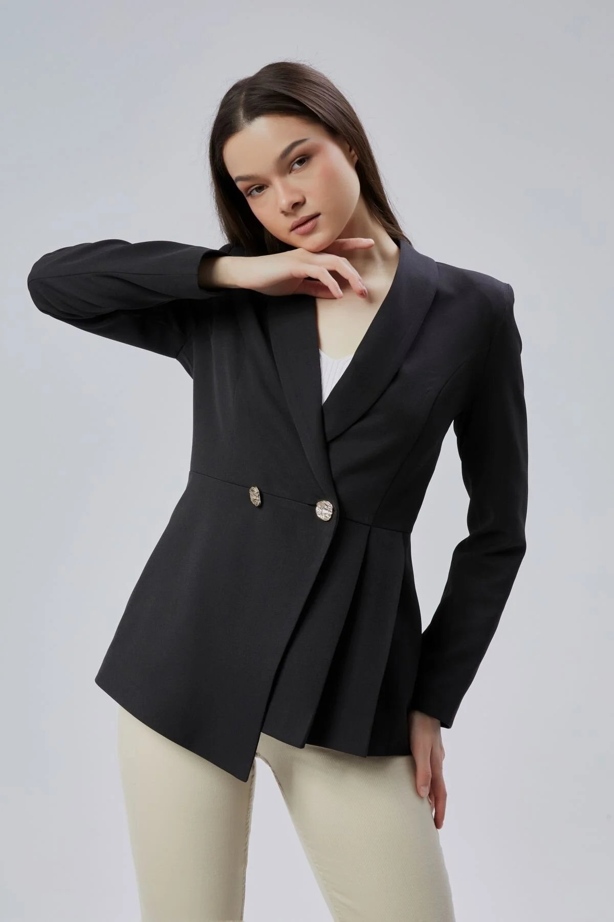 Siyah Regular Fit Pile Detaylı Blazer Ceket S-M-L-XL
