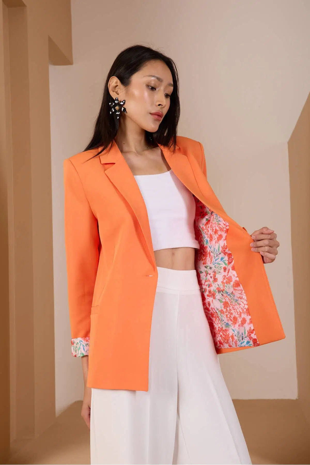 Turuncu Kruvaze Yaka Kolu Katlama Detaylı Regular Vatkalı Blazer Ceket XS-S-M-L-XL-XXL